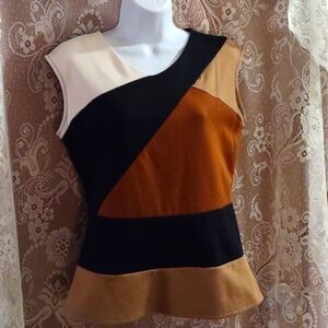 New Worthington, Size S, Brown Black‎ White Color block, Peplum Top Sleeveless